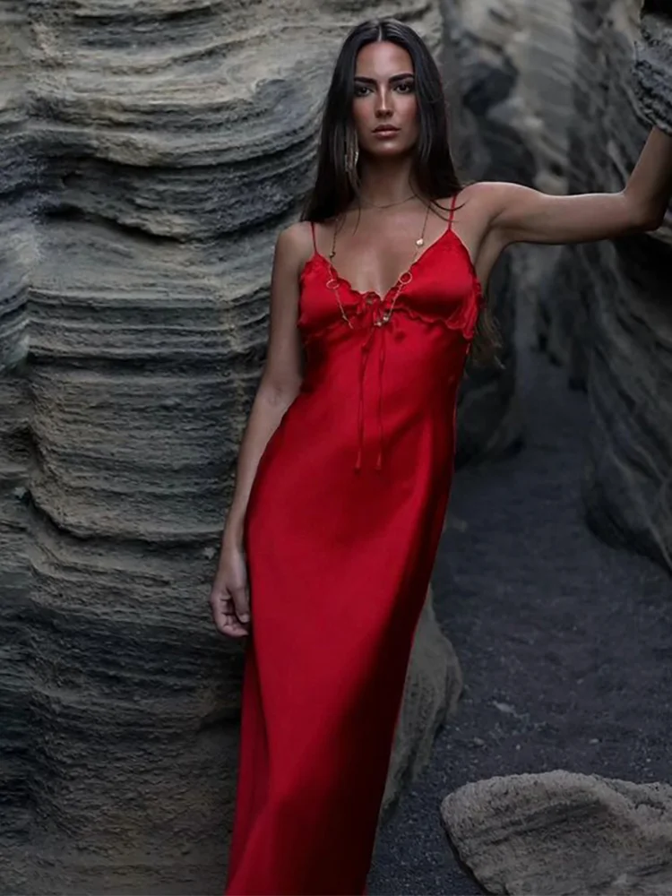 웨딩 게스트 여성을위한 우아한 긴 드레스 넥타이 V 넥 스파게티 스트랩 새틴 맥시 드레스 섹시한 오픈 백 날짜 나이트 파티 드레스