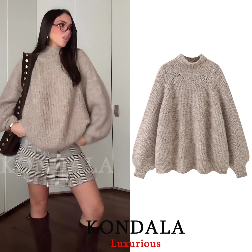 KONDALA Casual Chic Khaki Knit Sweaters Women Half Turtleneck Long Sleeve Oversized Sweaters Fashion 2026 Spring Soft Girl Tops