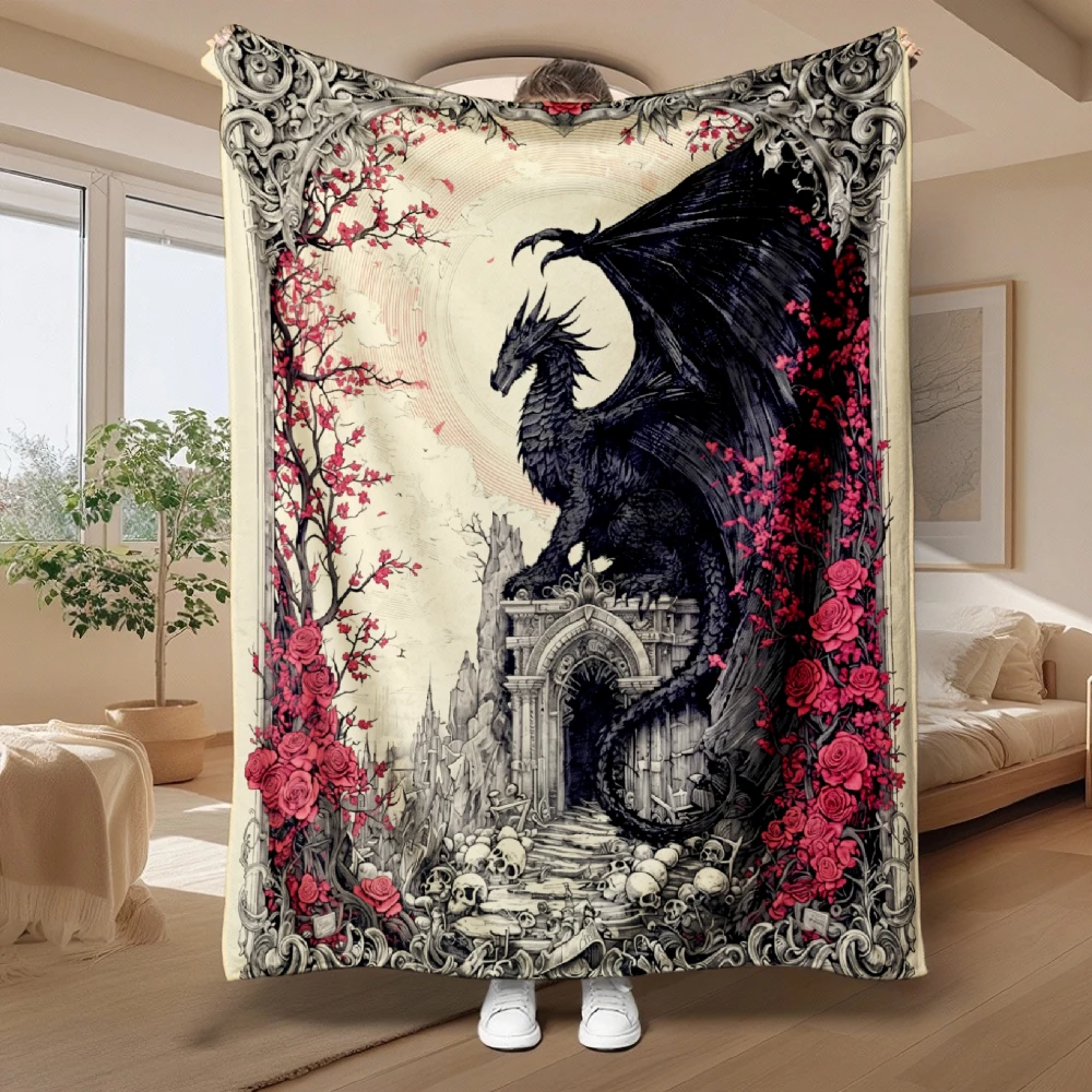 Massive Gothic Dragon Throw Blanket Dark Academia Skull Roses Horror Plush Cozy Decorative Throw for Couch Bed Decor