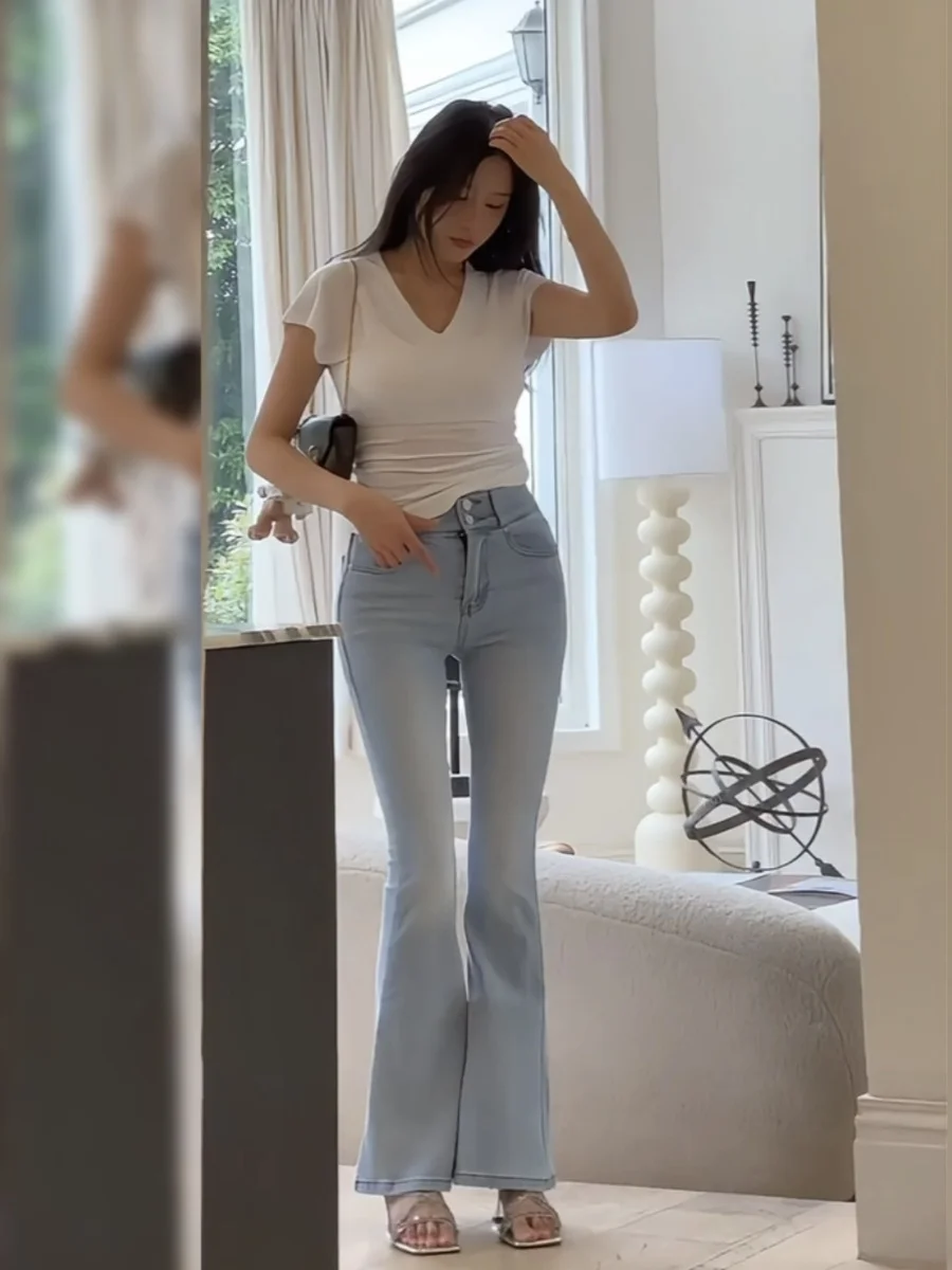 

Джинсы-клеш с высокой талией для женщин, эластичные, из хлопкового стрейч-денима, синие, летние, для молодежи 8-24 лет