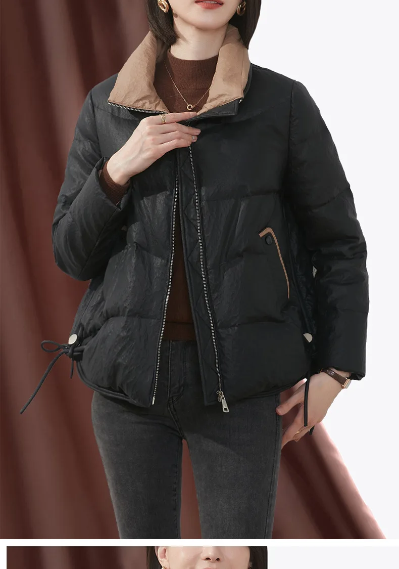 여성용 스탠딩 칼라 따뜻한 가죽 다운 코트, 스몰 맘 숏 화이트 덕 다운 코트, 트렌드, 2023 프로모션, 겨울 신상