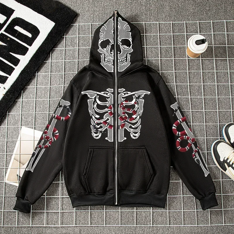 2024 New Dark Gothic Style American Cardigan Full Zipper Hoodie HD Dot Matrix Skull Printed Coat