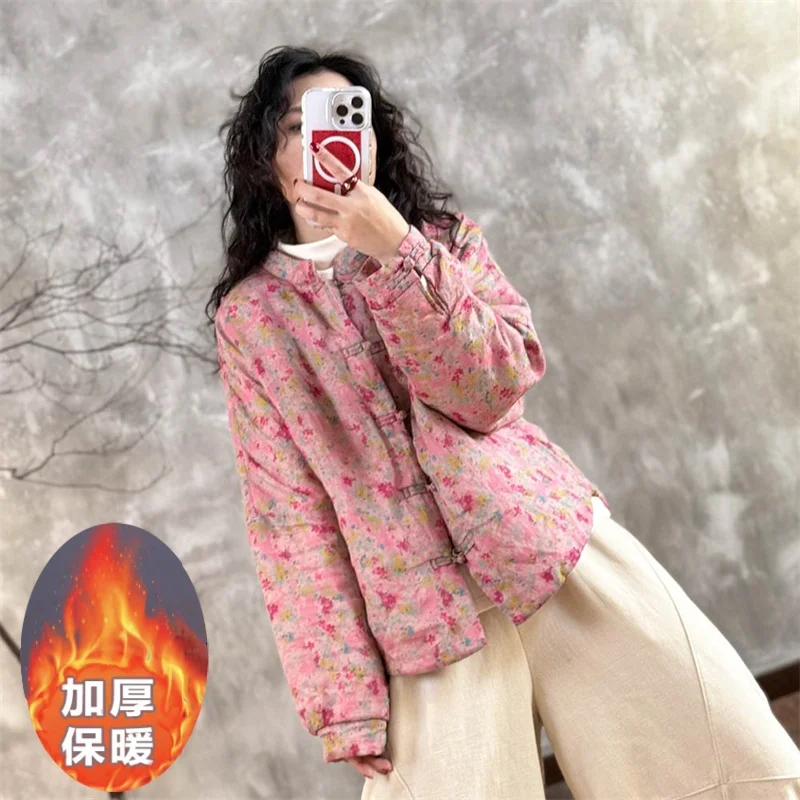 

Новая женская теплая куртка больших размеров из хлопка и льна с принтом, тонкая, с хлопковым наполнителем, для осени и зимы, для повседневной носки