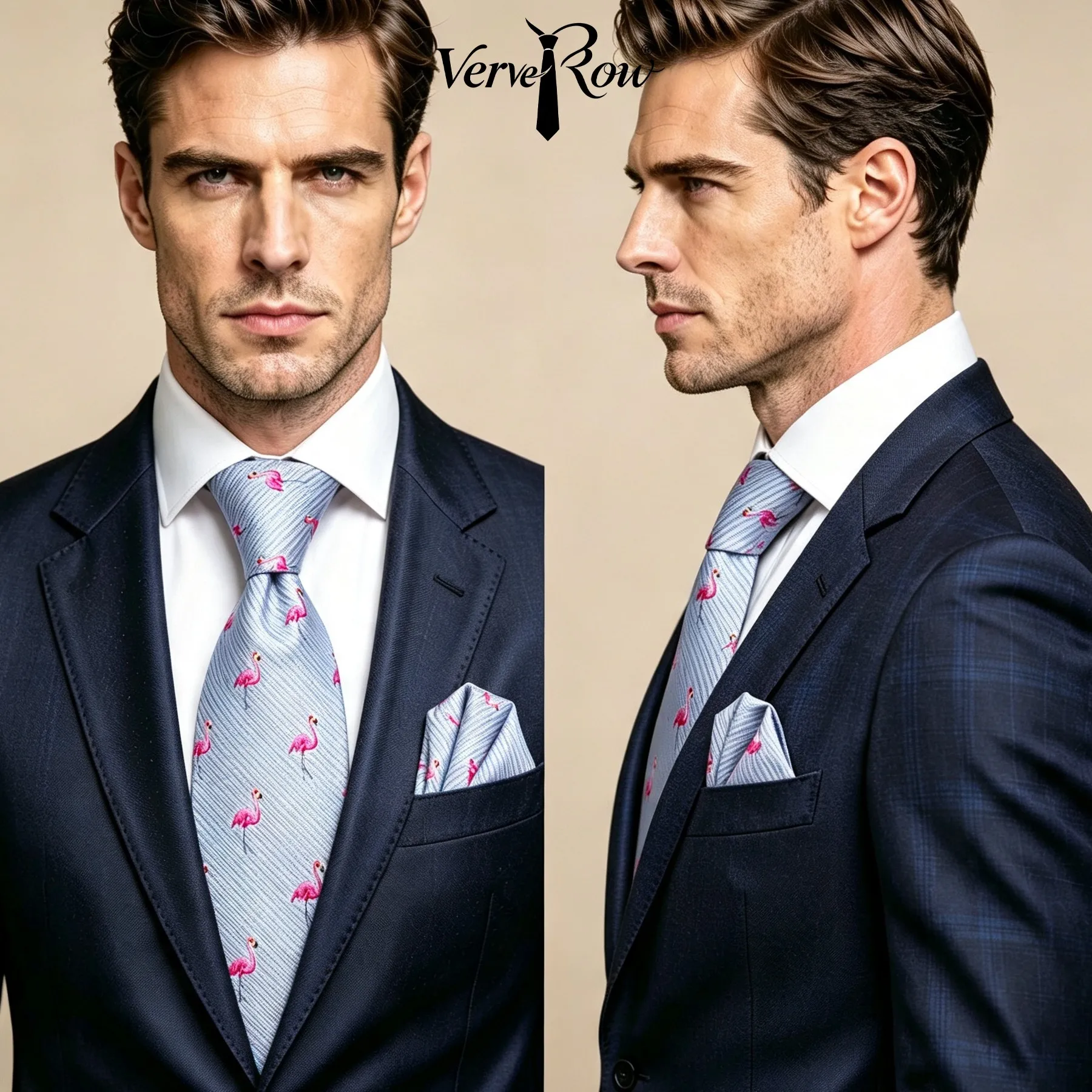 VERVEROW Conjunto de Corbata y Pañuelo de Bolsillo con Estampado de Flamencos y Rayas para Hombre, Casual y Formal, para Ocasiones de Negocios