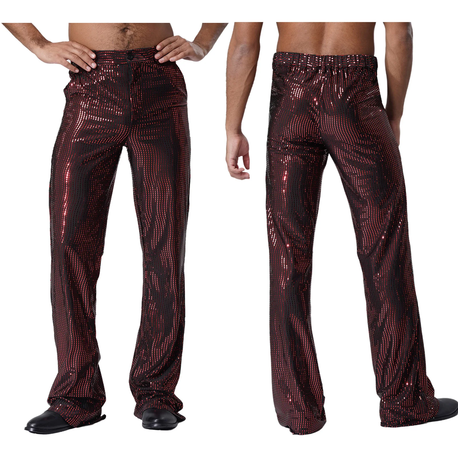 Mens Glitter Trousers Disco Dance Pants Flared Full Sequin Coverage with Side Pockets Club Wear 70s Revival Party Night Outfit