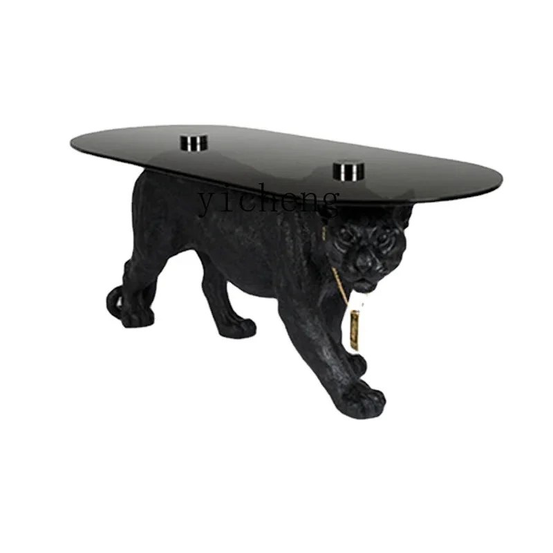 

ZK Coffee Table Glass Personality Side Table Animal Modeling Leopard Tea Table
