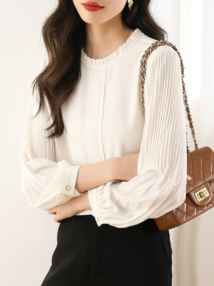 New Fashion Women Clothing Chic Folds Puff Sleeves White Blouses Elegant Ruffles Collar Chiffon Shirt Office Ladies Tops Chemise