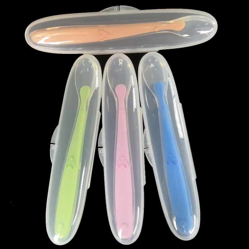 Baby Temperature Sensing Training Spoon Safe Silicone Feeding Spoon With Box Bendable Spoon Pocket Baby Utensil Food Tableware