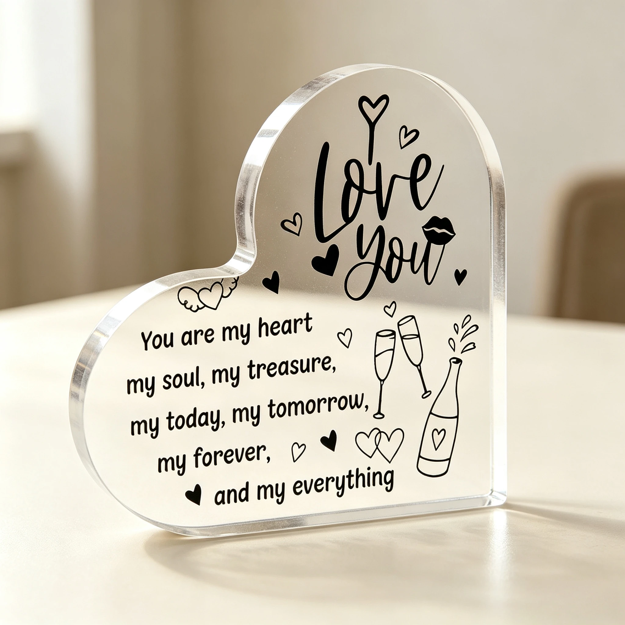 Heart‑Shaped Acrylic Plaque Love You Line Art Champagne Lip Print You Are My Everything Freestanding Romantic Keepsake Gift