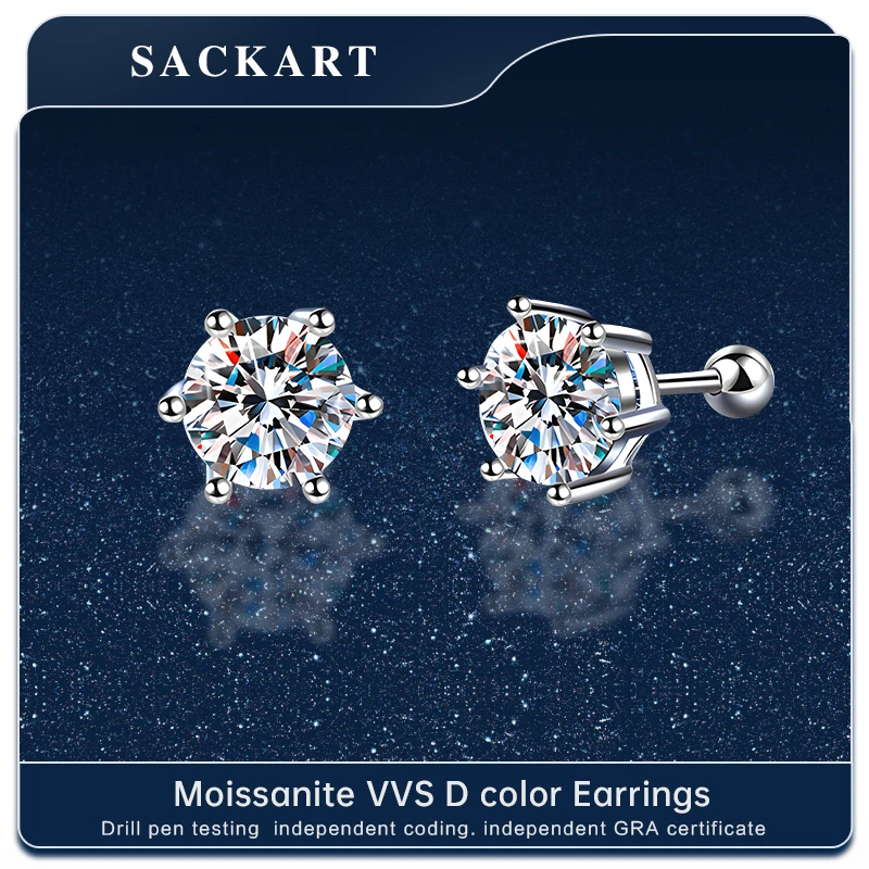 SACKART Moissanite Earrings for Women 4ct Lab Grown Diamond Ear Studs 925 Sterling Silver Fine Jewelry man Earrings