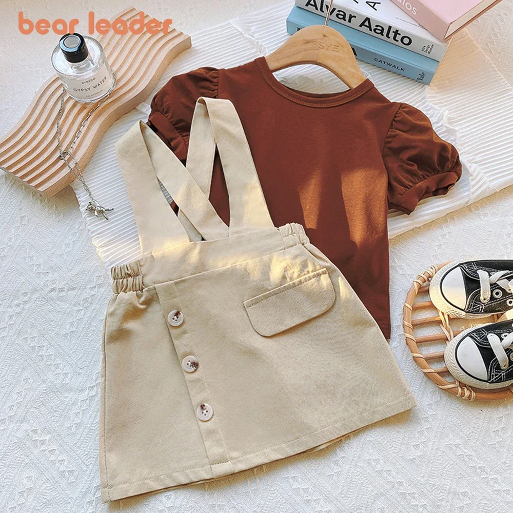 Bear Leader Summer Girls Outfit Puff Sleeve T-Shirt Button Strap Skirt Two Piece Girl Sets Solid Color Casual Suit