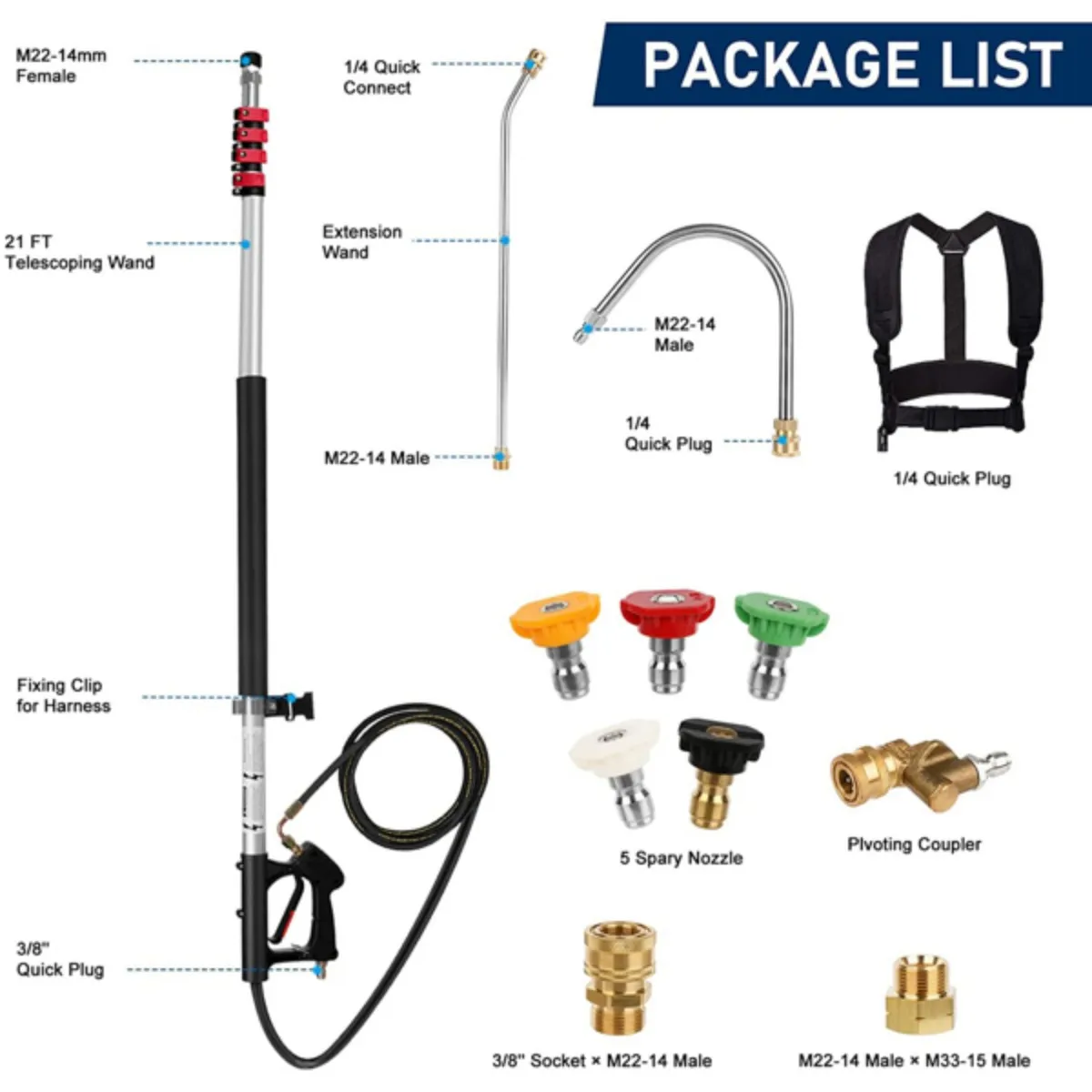 5피트에서 24피트까지 고압 세척기 텔레스코픽 건 4000 PSI 3/8" 퀵 릴리즈 피팅 고압 세척기 연장 막대
