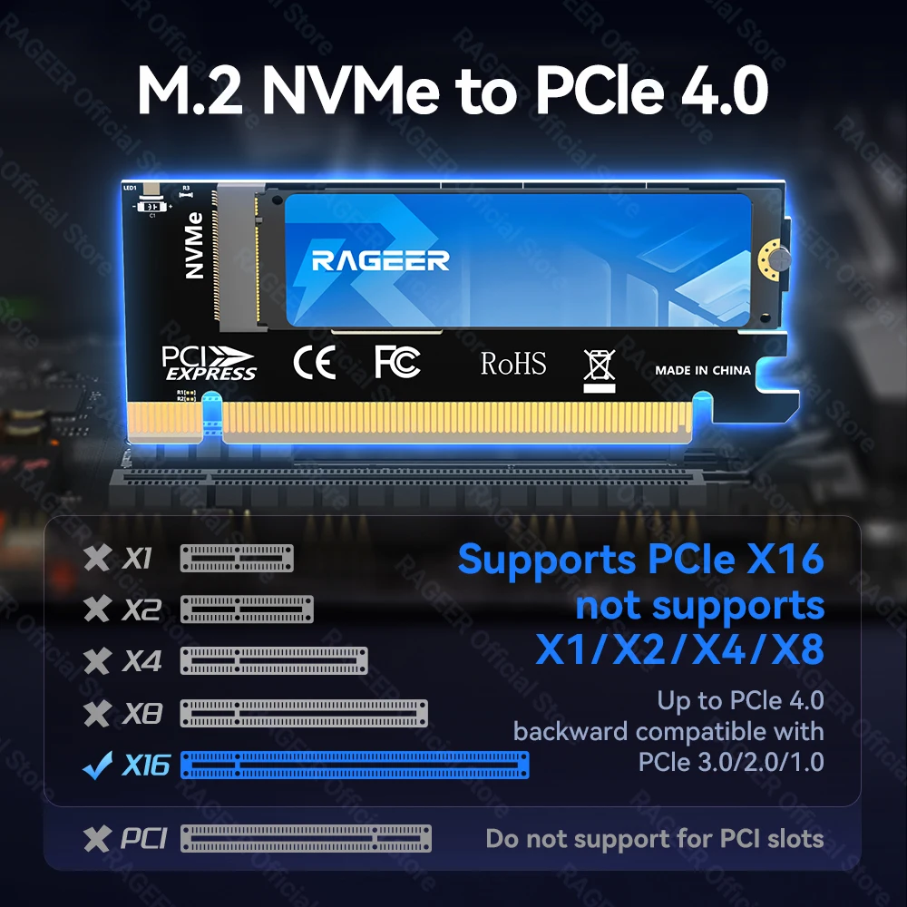 RAGEER M.2 NVMe to PCIe 4.0 X16 Adapter Card Supports 64Gbps and 4TB SSD Speed Compatible with 2280/60/42/30 NVMe SSDs