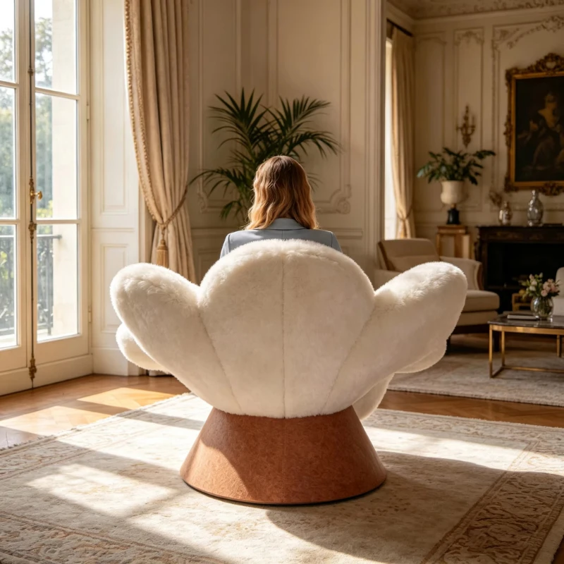 Modern flower-shaped lounge chair with soft white plush upholstery and durable fiberglass cone base
