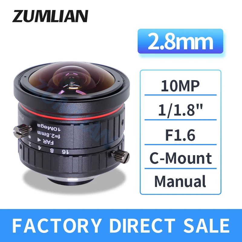 ZUMLIAN 2.8mm Wide Angle Camera Lens 1/1.8 '' 10Megapixel F1.6 Aperture C Mount Lens High Resolution for Industrial Camera