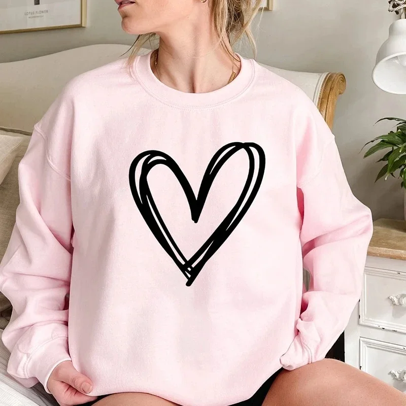 Red Love Heart Women Sweatshirt Long Sleeve Crewneck Graphic Hoodie Lover Clothes Couple Valentine\'s Day Gift Womens Clothes