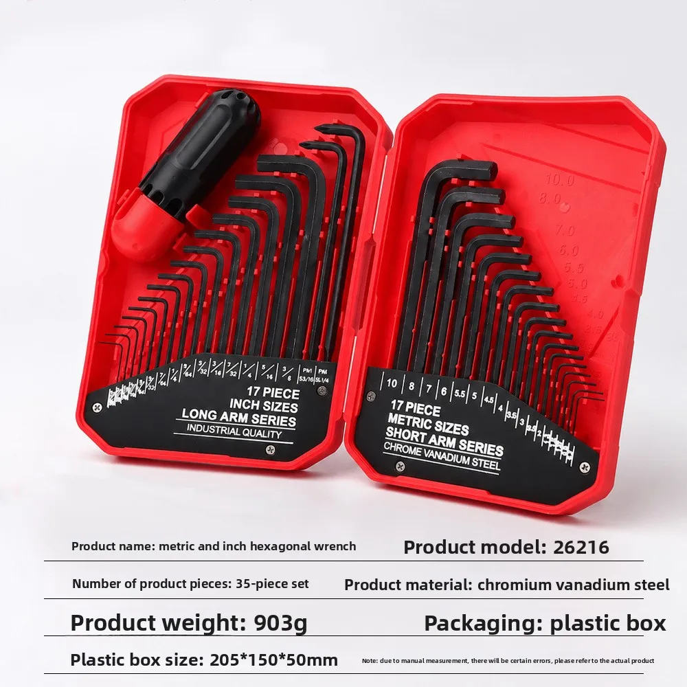 35-piece Hex Key Wrench Set, Metric & SAE, Cr-V Steel Allen Key Kit with Force Assist Bar for Automotive Repair Tools, Plasti