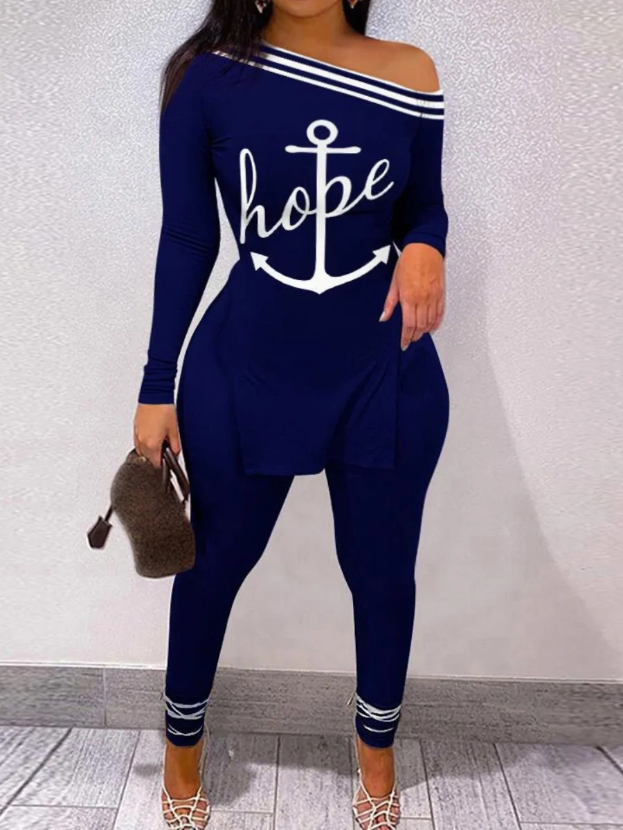 Plus Size Letter Print Striped Pants Set One Shoulder Long Sleeve Sexy Women Suit Autumn 2 Two Piece Set Streetwear Tracksuit