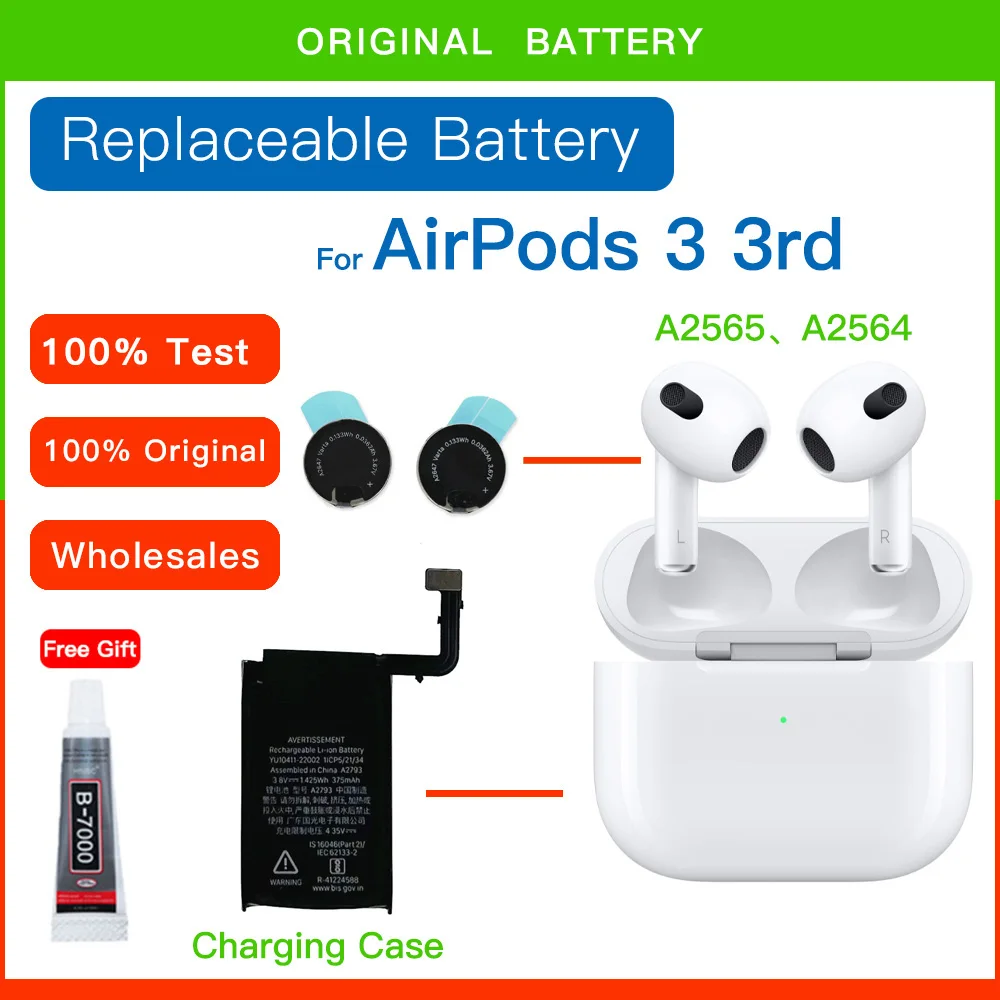 

Genuine Original Replacement Battery 3.67V For Apple Airpods 3 Gen A2565 A2564 A2897 airpod 3rd Rechargeable Batteries+Free Gule