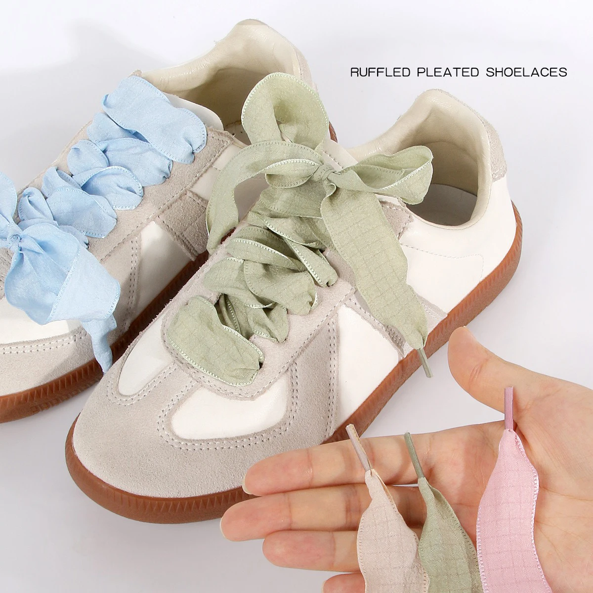 1 Pair Pastel Color Ruffled Pleated Ribbon Shoelaces Flat Chiffon Sweet Bow Shoe Laces for Sneakers Casual German Trainers