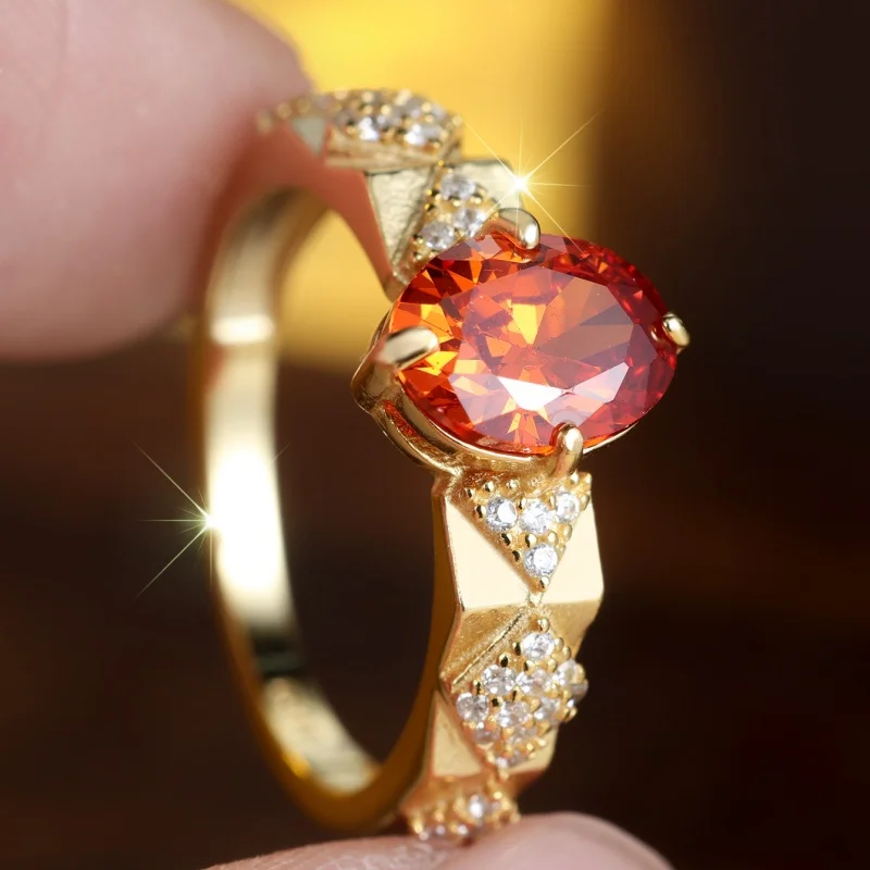 2026 Non fading egg shaped orange red edge with white zircon inlay ring for women, versatile, fashionable and elegant accessory
