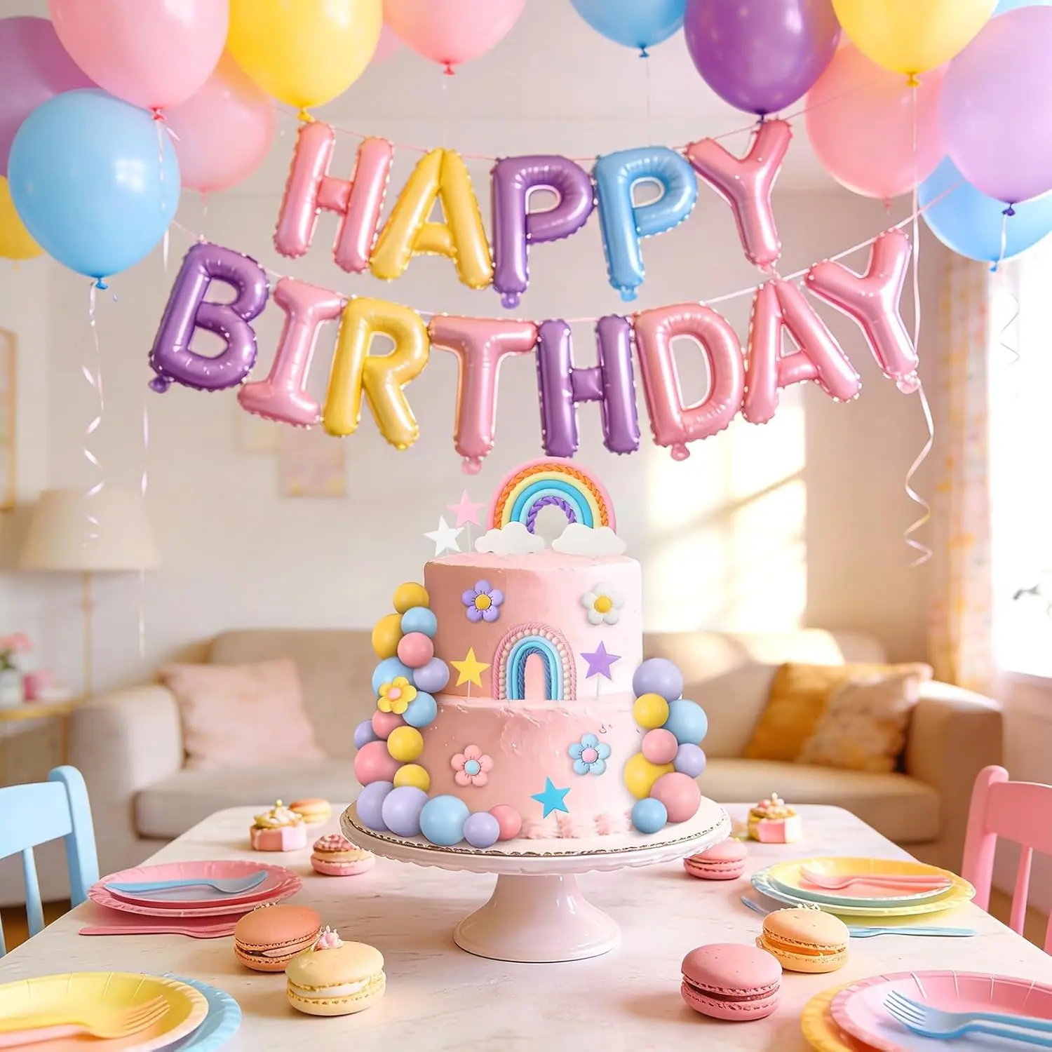 32-teiliges Regenbogen-Kuchenaufsatz-Set mit Blumen- und Sternmotiven, Boho-Groovy Kuchendekoration für Geburtstag und Hochzeit – Detail 5