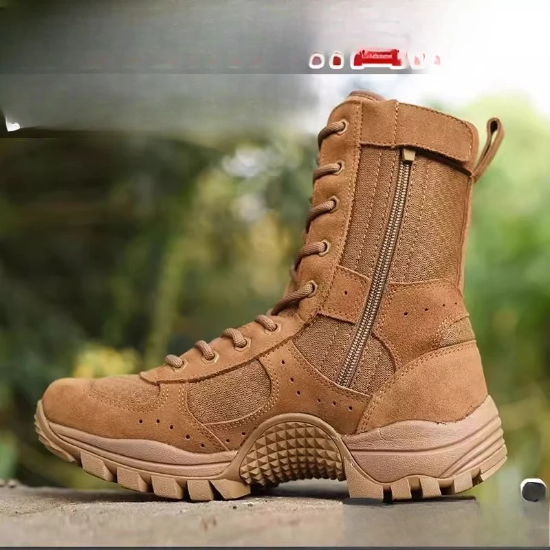 

Combat training boots mesh breathable brown men's anti-puncture leather shoes hiking shoes cushioning insoles YKK zipper