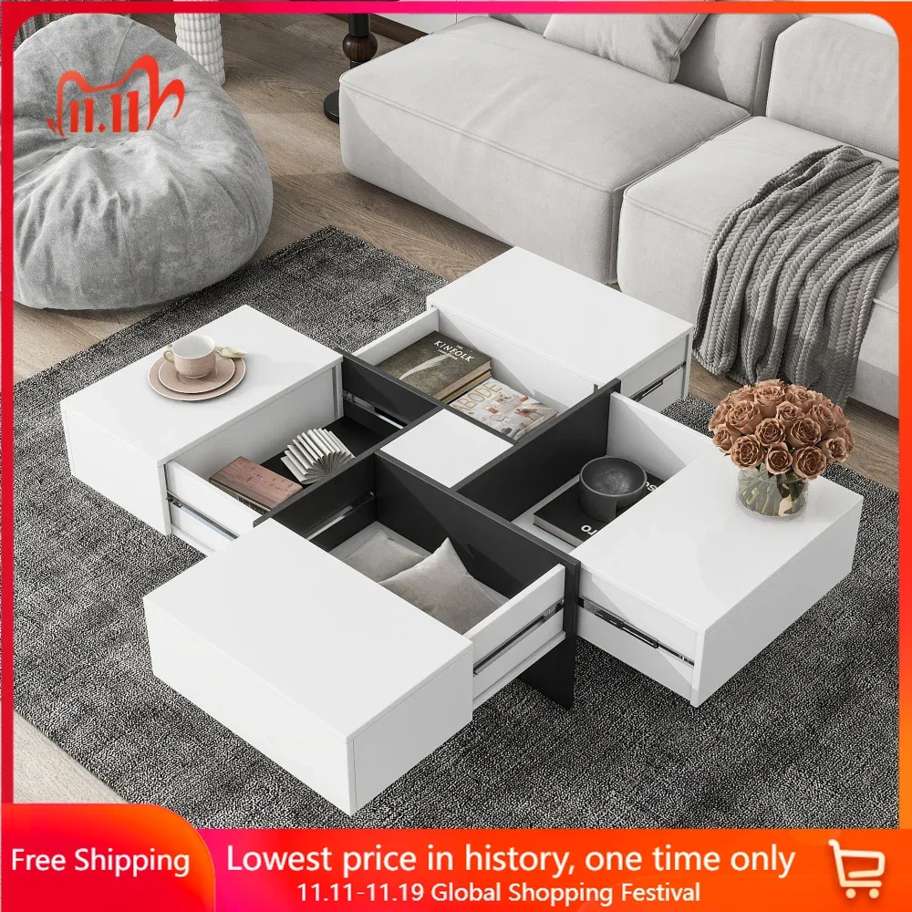 Coffee Table with 4 Hidden Storage Compartments, Square Cocktail Table with Extendable Sliding Tabletop, Tables for Living Room