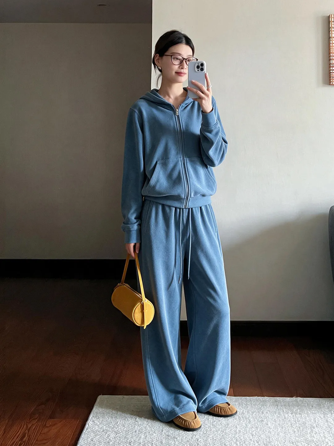 Loose Feelings Sportswear Set Women's Hoodie Wide Leg Pants Two Piece Blue Casual Style Autumn Collection Fashion Outfit