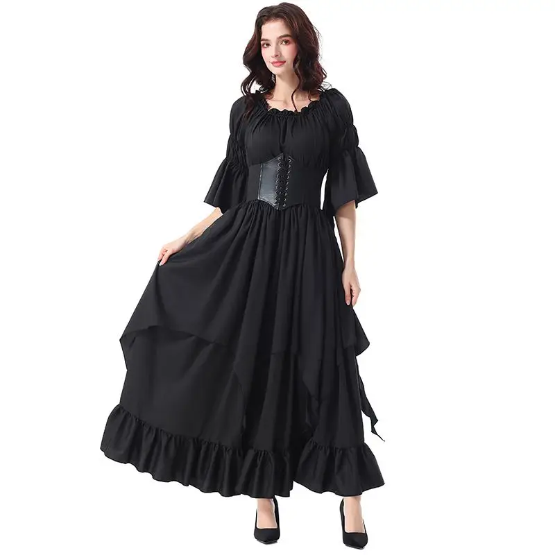 Halloween Medieval Multicolor Court Dress One-Shoulder Gothic Gown For Stage Drama Halloween Cosplay Women Daily Look Dress