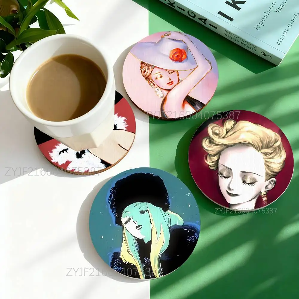 

V-Veil Emma Anime Pattern Art Coasters Round Wooden Heat Resistant Non-Slip Home Decor Gift Multifunctional