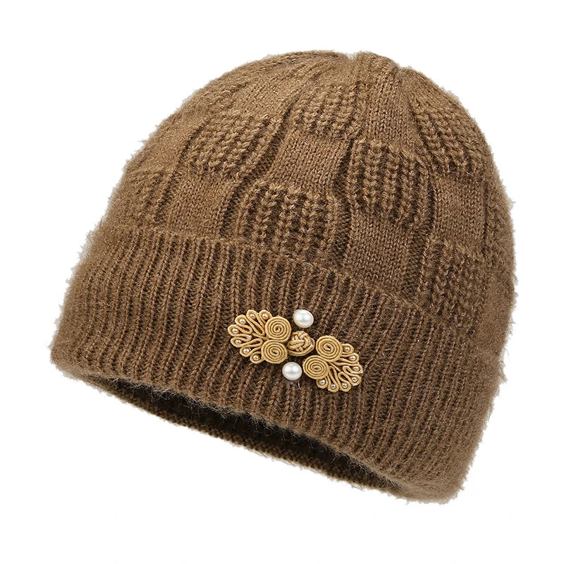 Chinese Knot Button Embellishment Dome Knit Cap New Velvet Thickened Mom's Hat Winter Warm Beanies For Middle-aged Old Ladies