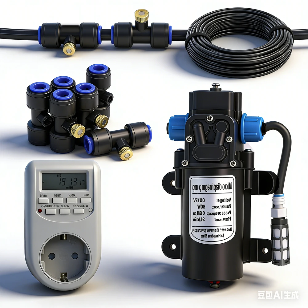 

Автоматическая система полива для садовых растений с самовсасывающим насосом 60 Вт, латунной форсункой 0,8 мм, быстрым подключением и таймером для охлаждения распылением