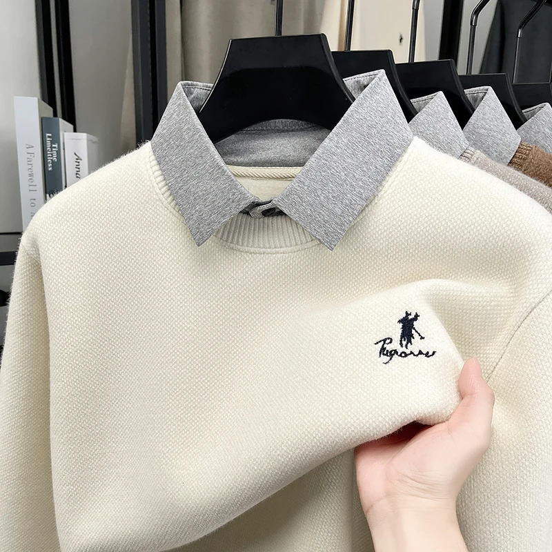 Personality fake two pieces men's sweater high-end brand luxury Paul pony embroidery new comfort casual fashion lapel pullover