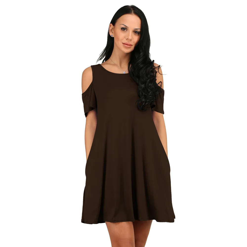 Womens Summer Dresses Brown Round Neck Off Shoulder Loose A-Line Casual Dress