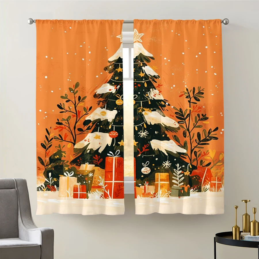2PCS Christmas Winter Curtains, Orange Xmas Tree, Digital Print, Bedroom Living Room, Rod Pocket, Polyester, Home Decor