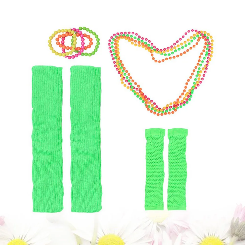 

Neon Bead Necklace Bracelets Fingerless Gloves Leg Sleeves 80s Party Dress Accessories Light Green