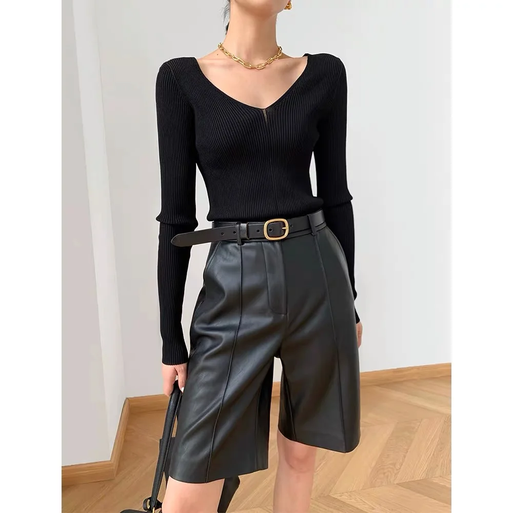 

Autumn Winter Women's Genuine Leather Straight Leggings mid High Waist Five Parts Casual Trendy eepskin Pants