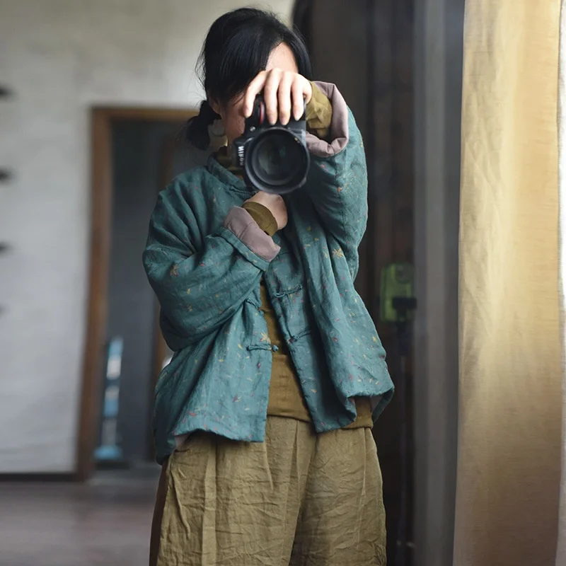 

Women's Light Cotton Jaet Autumn Winter Flora Print Linen Cotton Coat Fre Country Sle ort Cotton Clothing