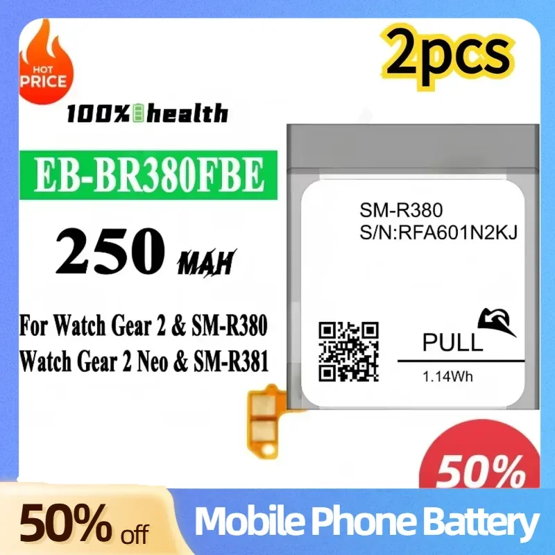 2PCS EB-BR380FBE 250mAh Lithium-ion Watch Battery Brand New Full Capacity Cell For Samsung Gear 2 Neo R380 R381