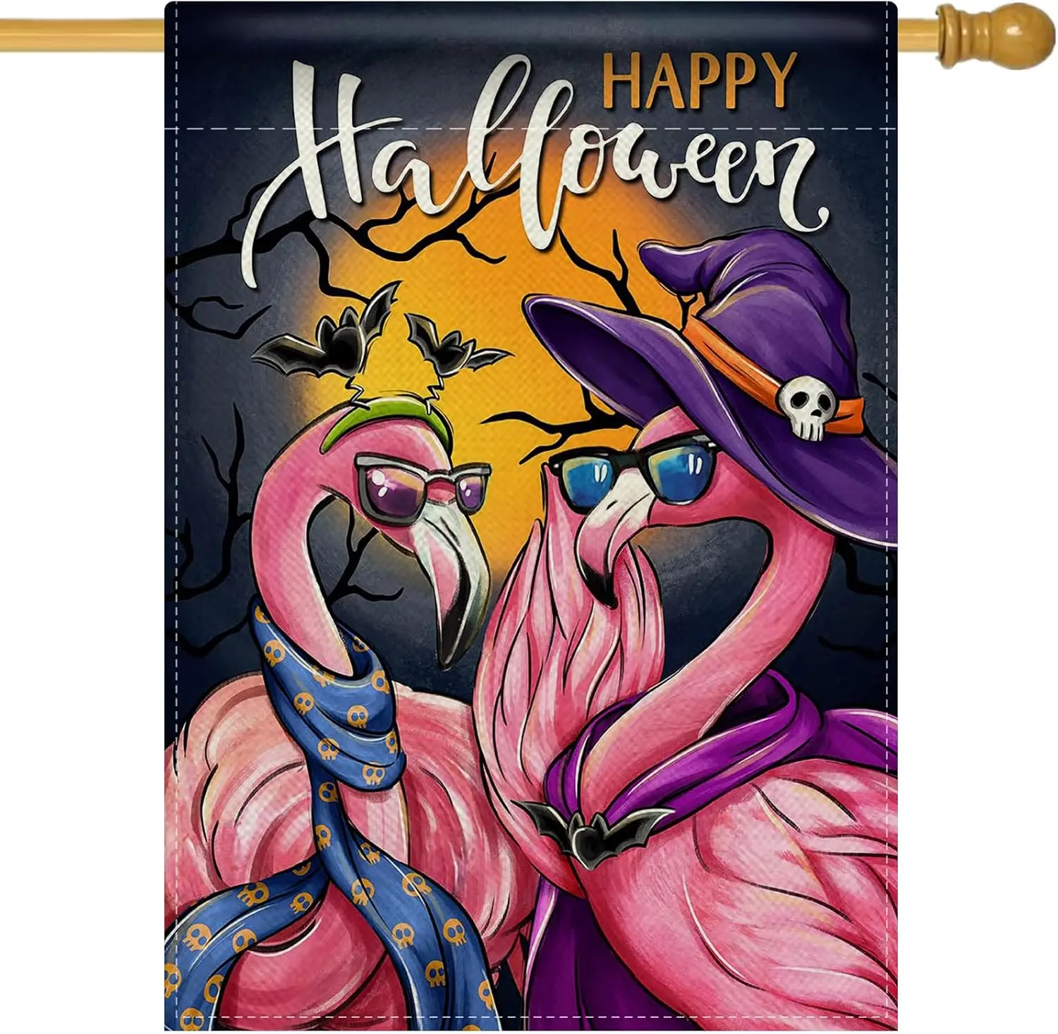 Happy Halloween Flamingo Decorative House Flag, Spooky Moon Bat Garden Yard Outside Decorations, Funny Burlap Outdoor Large  UUN