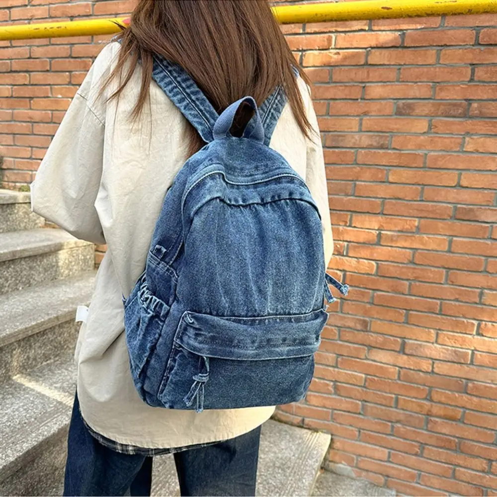 Simple Y2K Denim Backpack Japanese Style Street Style Vintage Handbag Shopping Bag Large Capacity Solid Crossbody Bag Women&Men