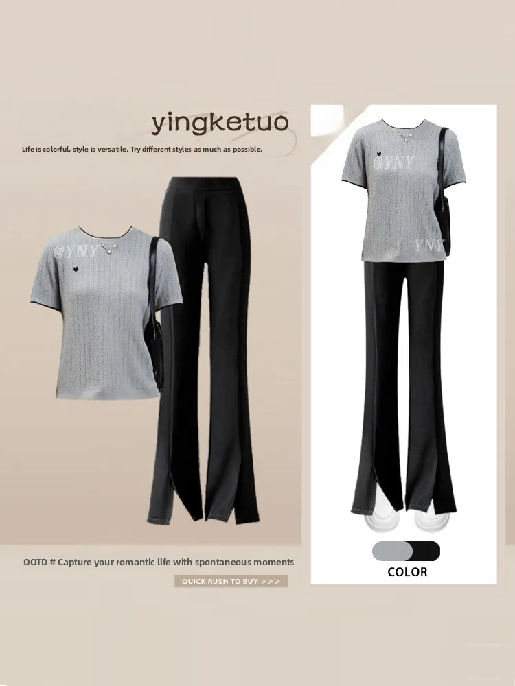 

Korean Style Slimming Grey Short Sleeve T-Shirt Women's High Waist Flared Pants Summer Casual Loose Feelings Two-Piece Set
