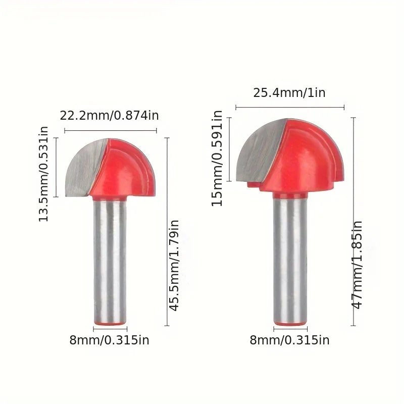 ‌5-Pcs Round Bottom Router Bit Set (8mm Shank) - Red Grooving R-Corner & Half-Round Ball Bits for Engraving‌
