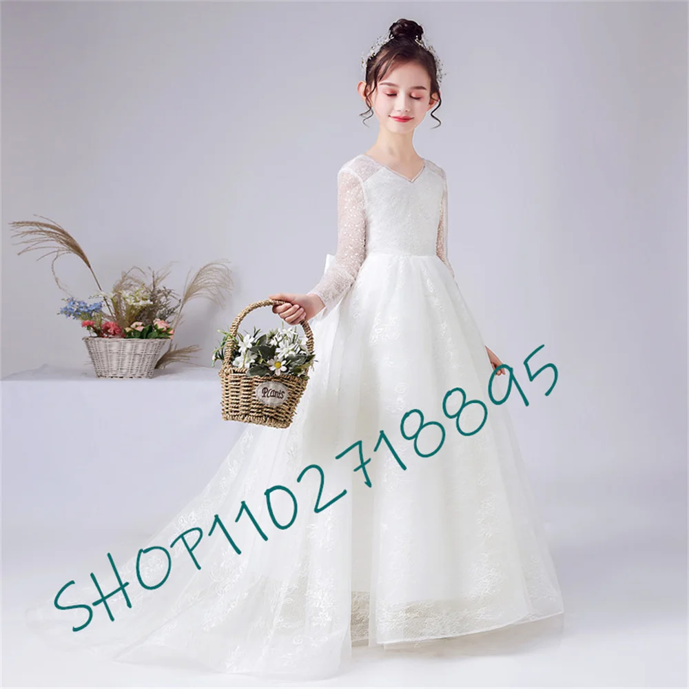 Lange Ärmel Spitze Blumen mädchen Kleider für Hochzeit und Party kleid lange Prinzessin Geburtstag formelle Festzug Kleider