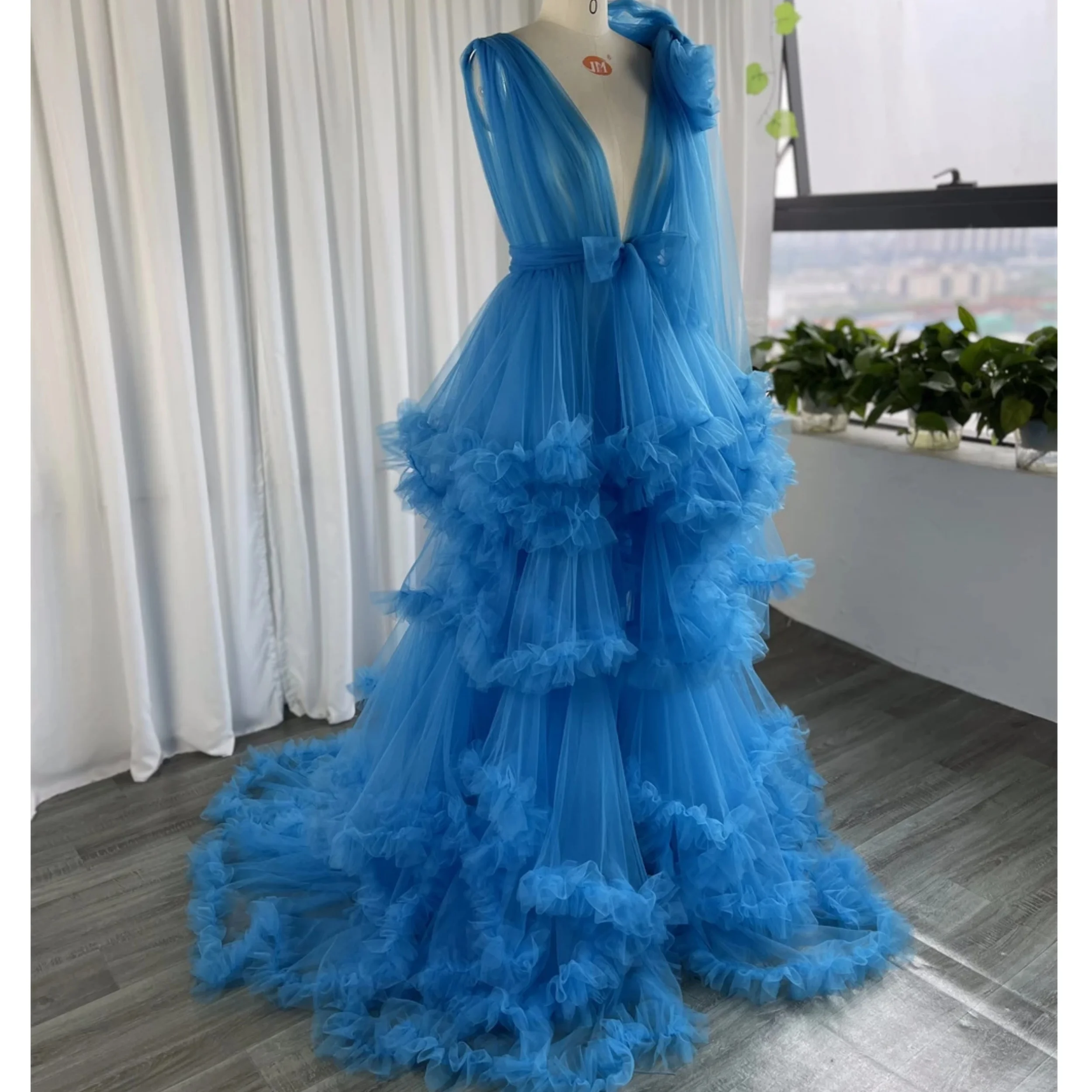 Linda Blue Maternity Robes For Photoshoot Ruffles Women Gowns Babyshower Tulle Bathrobe Dresses Birthday Bridal Party Sleepwear