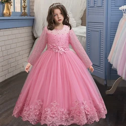 Zhongda Children's new wedding dress long-sleeved lace elegant girl clothing 4-12 years old beauty pageant long princess skirt