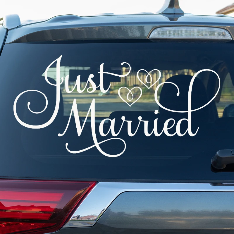 Just Married Car Decal, Car Decorations For Wedding, White 24