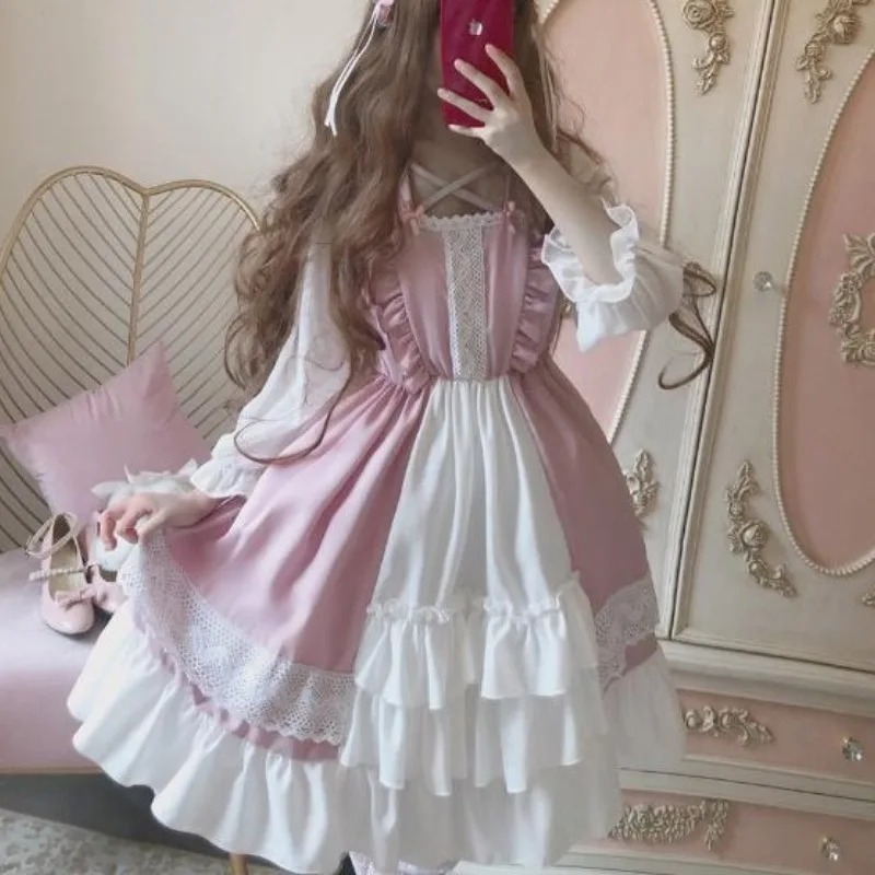 Japanese Soft Girl Lolita Summer 2024 Square Collar Patchwork Bow Lace Ruffles Fashion Elegance Casual Long Sleeved Dresses