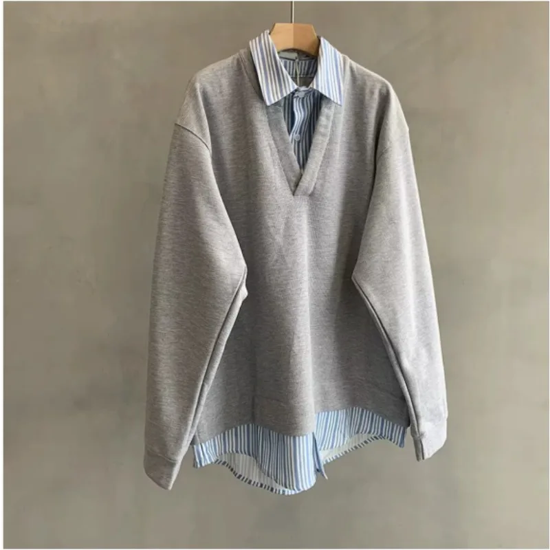

Stylish Autumn Blouses 2025 Hoodies Pullover Lapel Neck Long Sleeve Tops Patchwork Sweatshirt Elegant Work Shirt